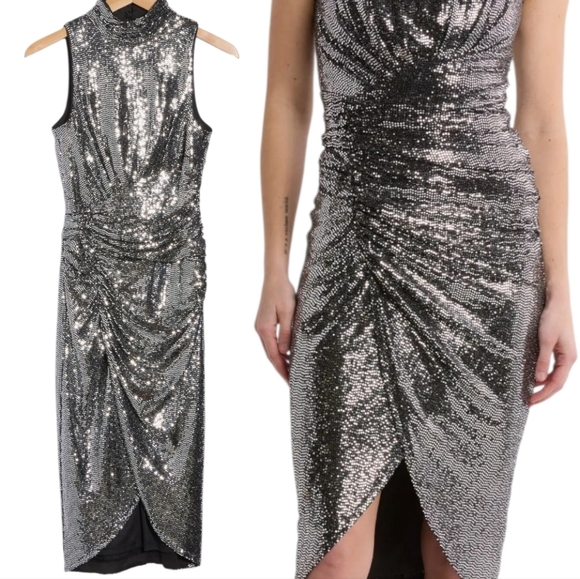 NWT Vince Camuto Dress Midi  Silver Metallic Mock Neck Cocktail Woman sz 4 - Picture 3 of 9